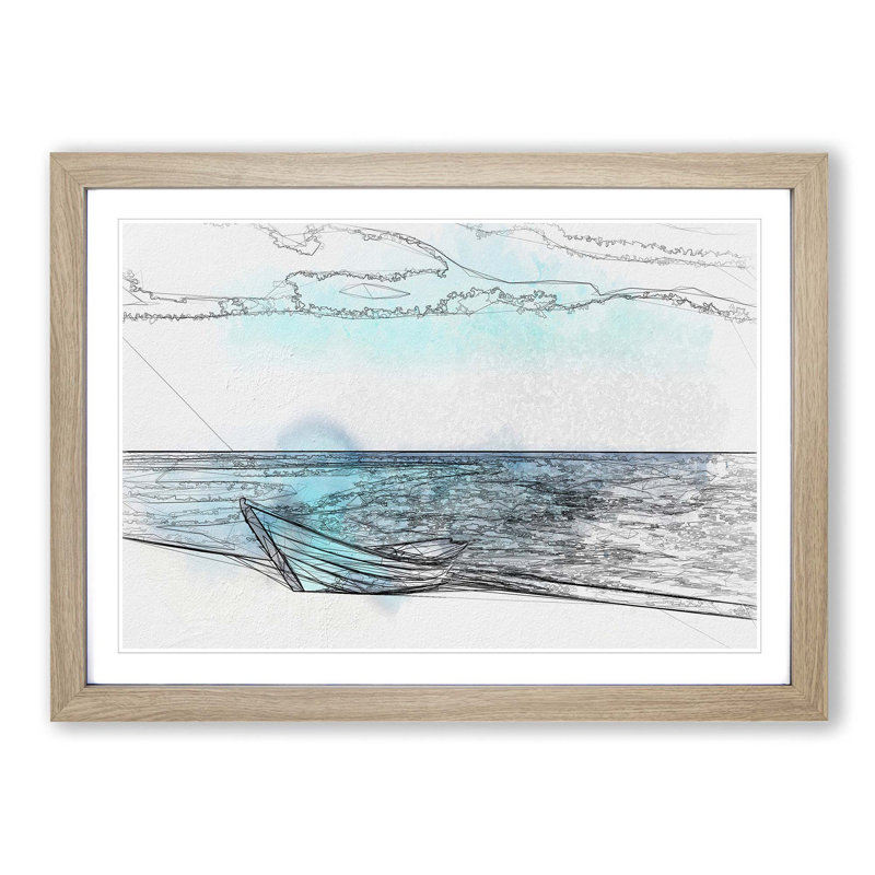 Blue Boat upon the Beach in Abstract - Picture Frame Drawing Print, 62cm H x 87cm W x 2cm D, Oak Framed
