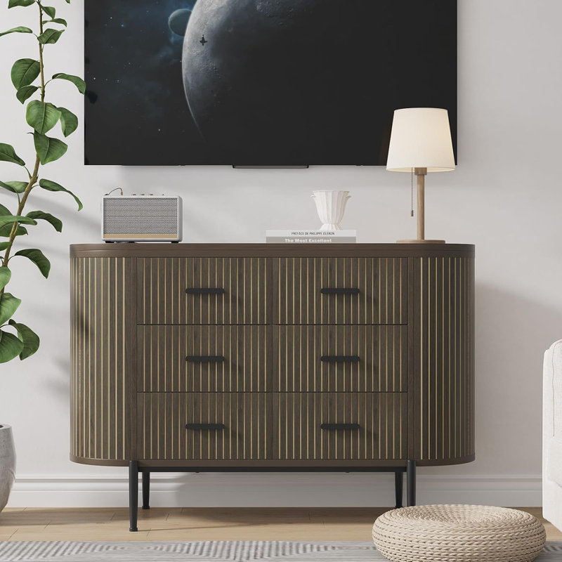 Fluted 6-Drawer Wooden Dresser with Faux Marble Top and Handles, Curved Profile Design, Bedroom, Hallway, Closet, Brown/Black