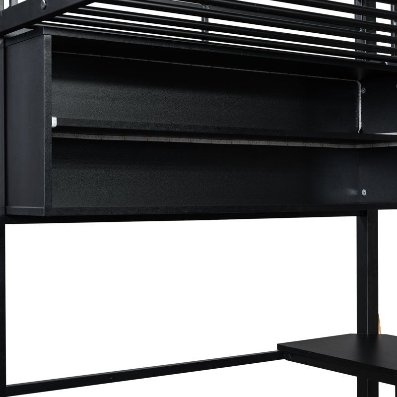Lit mezzanine simple avec bureau et tablettes à DEL Led, Lit simple