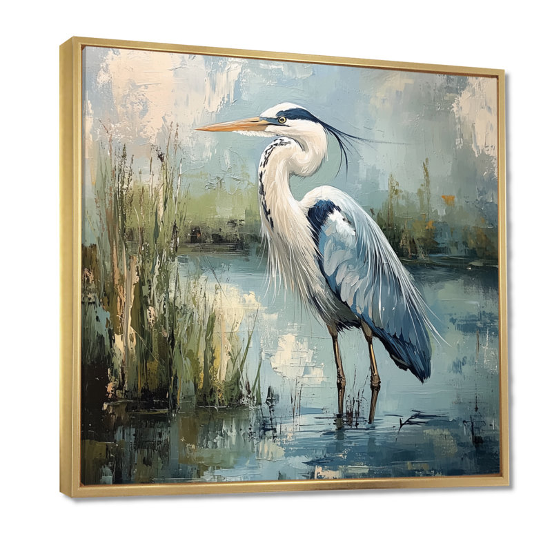Austinn Heron at the Farm Pond I - héron, art mural, Impression encadrée flottante, H 30 po x l 30 po, Doré