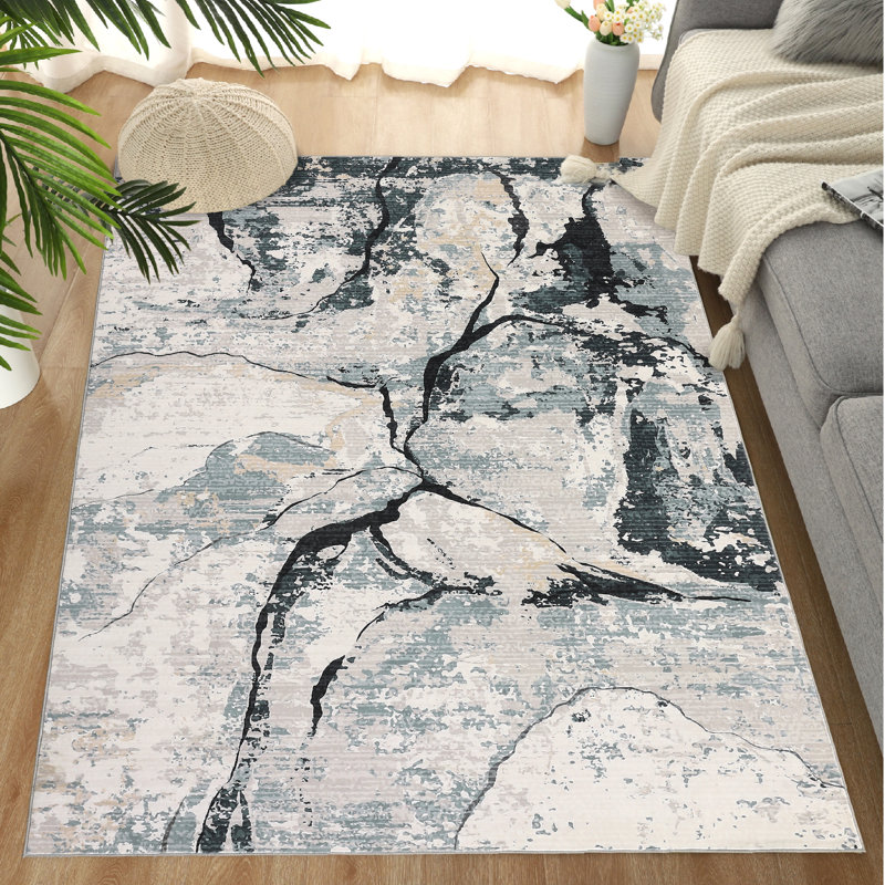 Tapis abstrait lavable pour salon, chambre à coucher et buanderie, Blue, Rectangle 9' x 12'