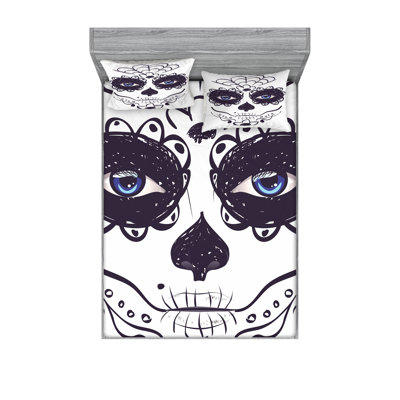 Drap-housse et taie décorative Ambesonne Sugar Skull, noir, blanc et bleu