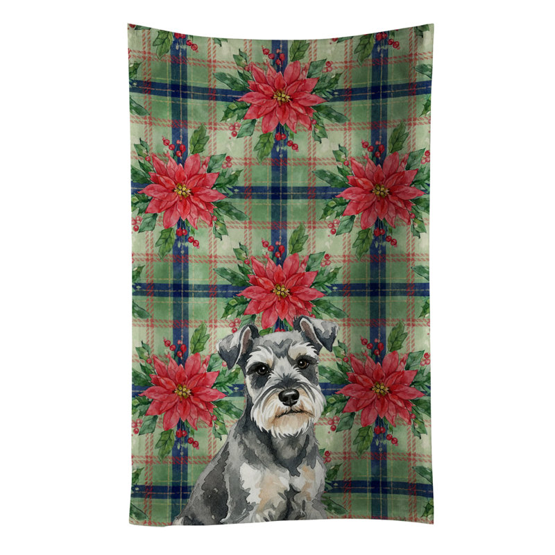 Miniature Schnauzer Christmas PoinsettIas Kitchen Towel, White/Black Miniature Schnauzer