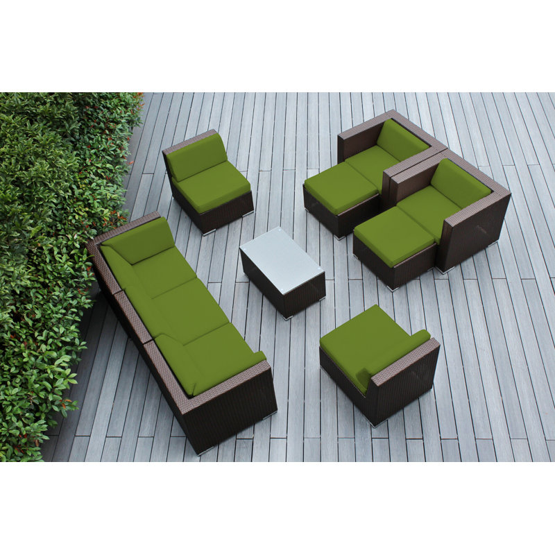 Ensemble de conversation en osier pour 7 personnes avec coussins Kiara, Sunbrella Ara, Brun foncé