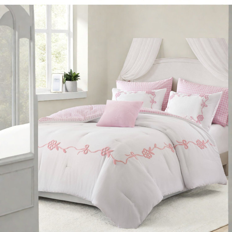 Ensemble de literie pour grand lit rose, ensemble d'édredon floral en microfibre 6 pièces