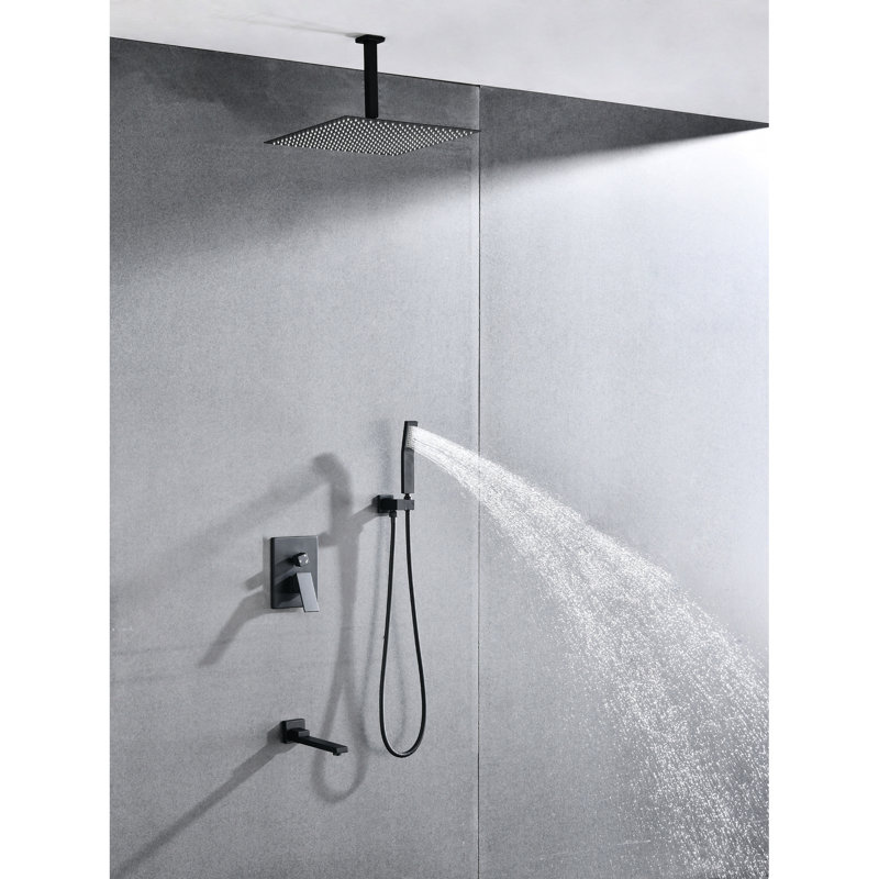 Douche de plafond avec douchette et tête de 16 po - Nickel brossé, acier inoxydable, buse autonettoyante qui préserve un conduit d'eau lisse, douche naturelle, conforme aux normes American Standard