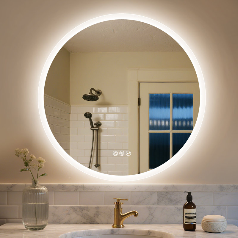 Miroir de salle de bain rond avec lumières, désembuage, Bluetooth, à intensité variable, 23,5 po x 23,5 po