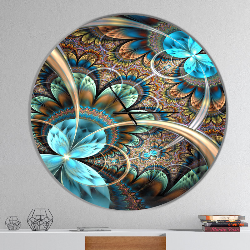 Fleur fractale bleu clair - horloge murale moderne, Grand