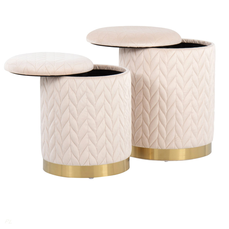 Quilted Ottoman Set In Gold Metal And Cream Velvet