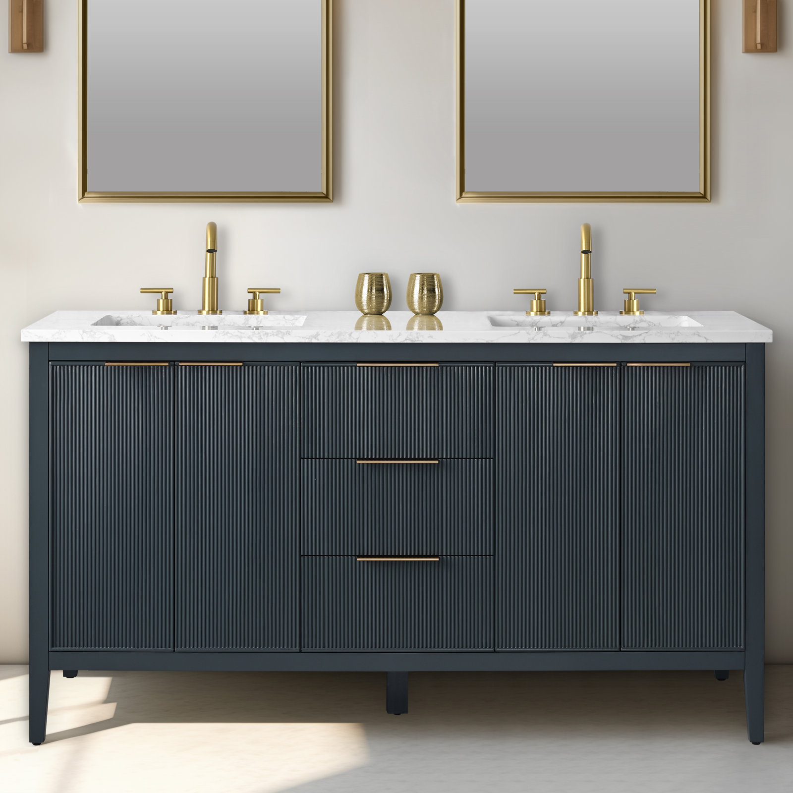 Bilroy 60" Pine Double Bathroom Vanity, Vintage Blue/Brushed Bronze