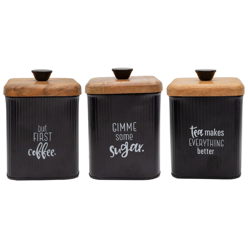 Farmhouse Black Enamelware Canisters (Set Of 3); Storage Containers For Coffee, Tea And Sugar In Black Enamel And Wood Design