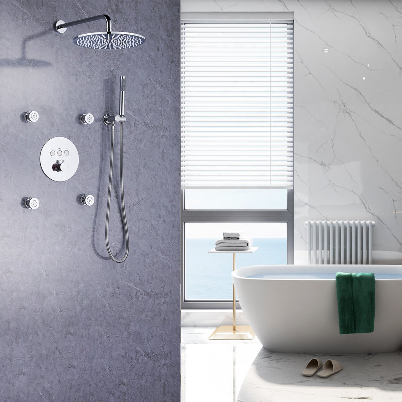 Multifunctional Complete Shower System Wall Mount Rain Shower Head with Body Jets & Rough-In Valve, Chrome