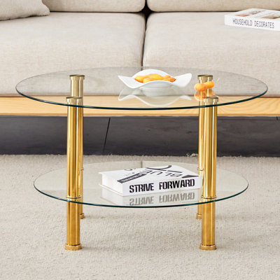 Table basse contemporaine en verre trempé à deux couches de style contemporain avec dessus de 27,5 po et dessous de 23,6 po. Plateau de table en verre renforcé, pieds en acier inoxydable plaqué or.