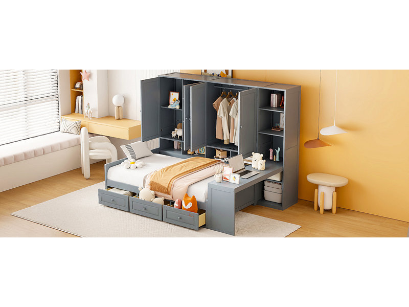 Lit de jour simple en bois avec trois tiroirs, armoire tout-en-un, bureau et tablettes, Lit simple, Gris
