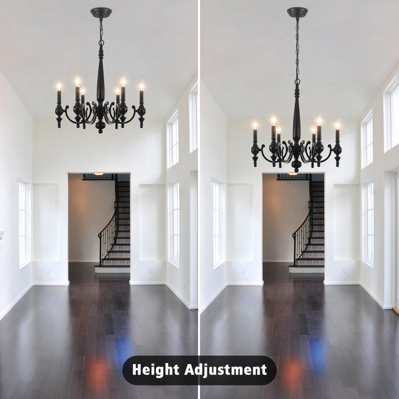 6-Light Matte Black Candle Chandelier, 20.47" French Country Farmhouse Dining Room Light with Adjustable Chain