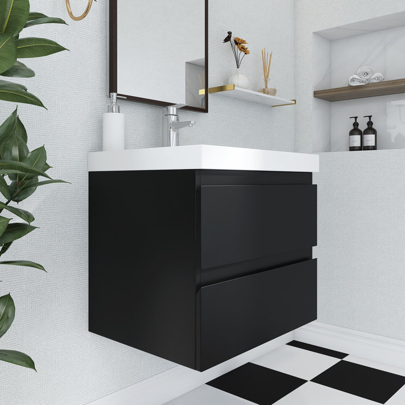 23,6 po X P 19,7 po P x 22,4 po Meuble-lavabo mural simple H noir avec plateau en résine blanche