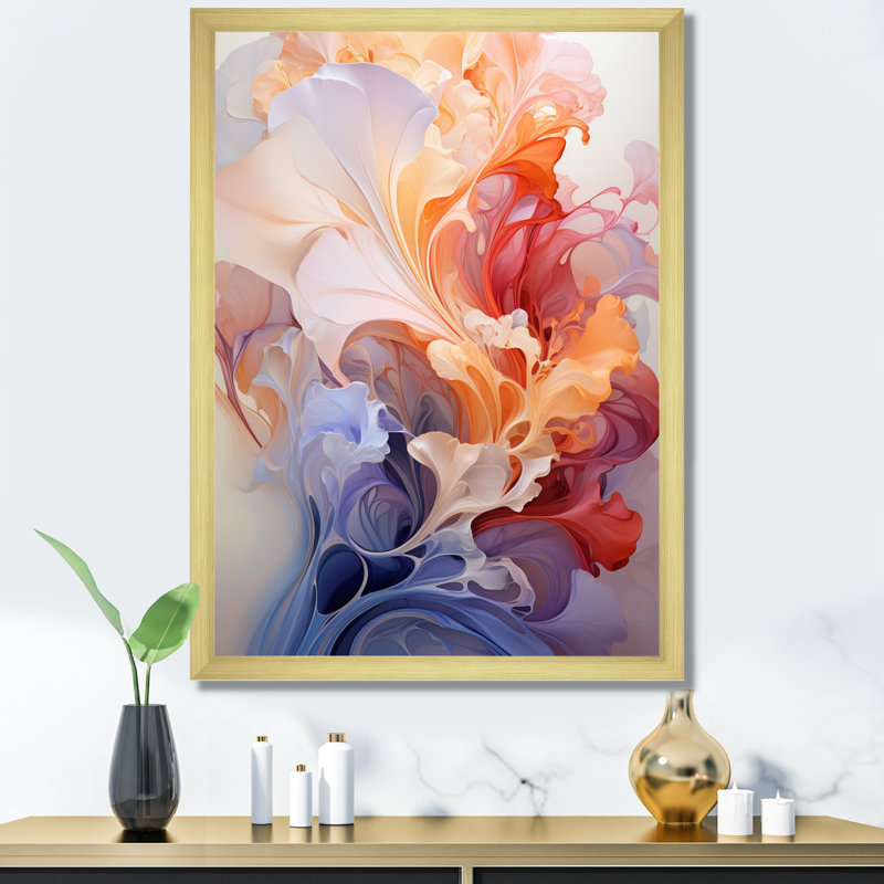 Convergence harmonique fractale orange gris sur toile, Encadrement doré, H 20 po x l 12 po x P 1 po