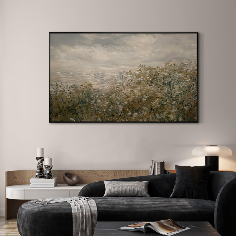 Extra Large Wall Art Fabric Print - Impressionist Landscape with Bushes by The Water Artwork Decor for Living Room or Bedroom - "Frame Assembly Required (Unfinished Frame)"
