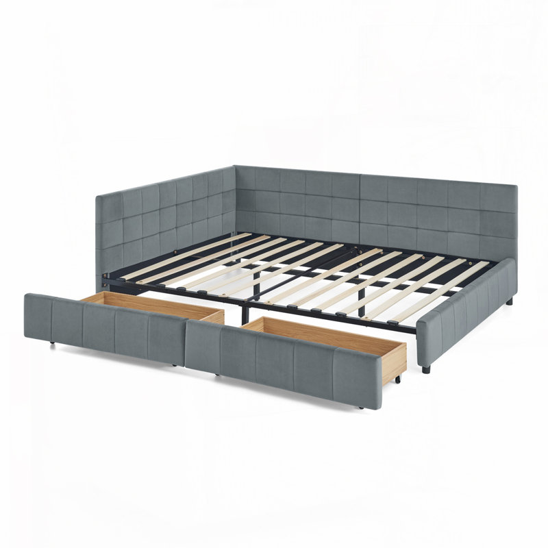 Base de lit capitonnée avec rangement, canapé-lit avec dossier confortable et accoudoirs, Gris, Double