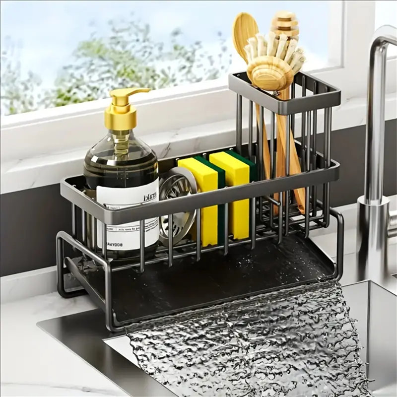 Organisateur d'évier de cuisine en acier inoxydable antirouille avec porte-brosse haute, distributeur de savon et porte-éponge - Solution de rangement de comptoir essentielle pour le nettoyant, les éponges et les brosses - Fabrication en métal durable