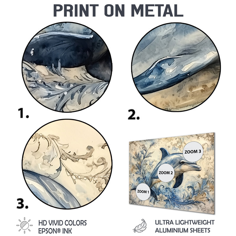 «Dolphin Majestic Oceanic Environment I», art mural en métal avec dauphin, H 34 po x l 44 po