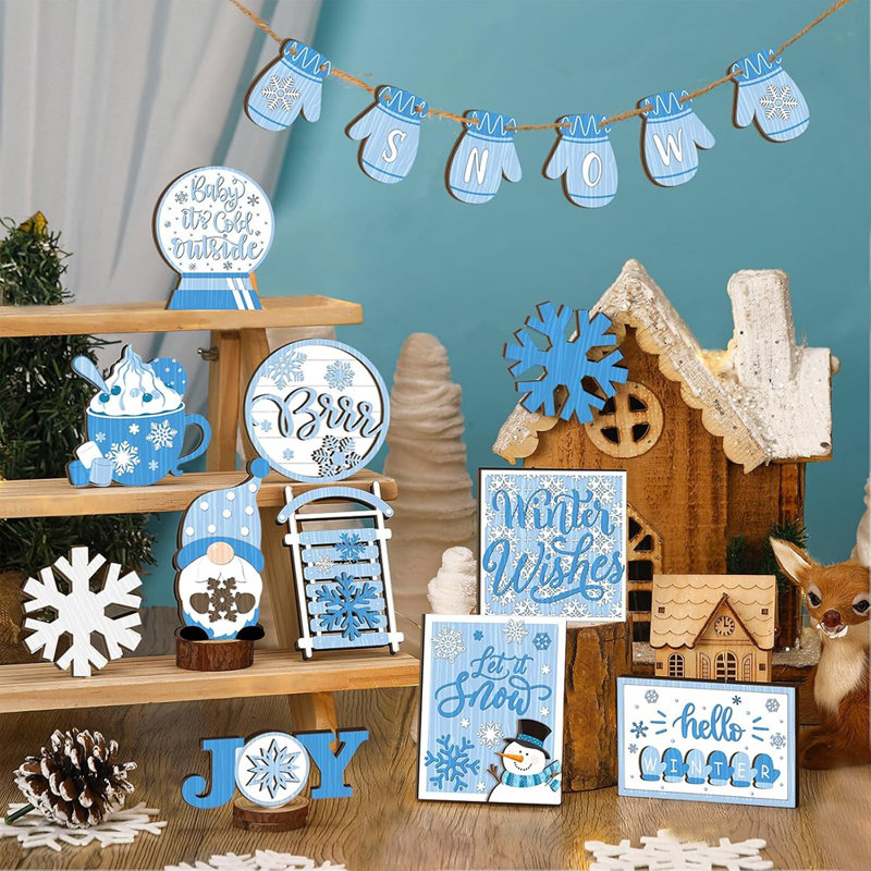 Ensemble de décorations à plateaux en forme de bonhomme de neige Winter - bleu et blanc