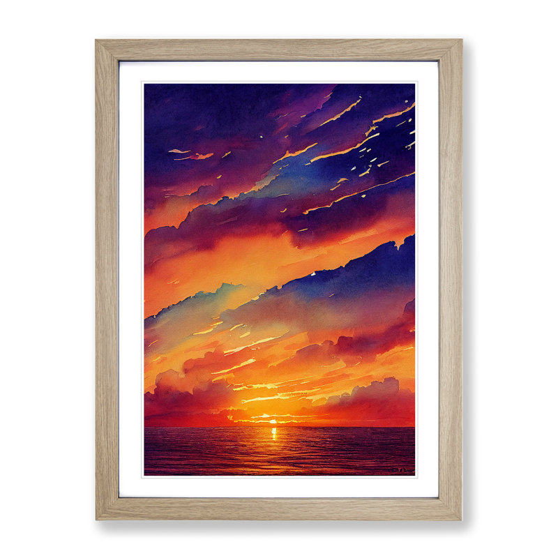 A Vivid Ocean Sunset - Single Picture Frame Print, 64cm H x 46cm W x 2cm D, Oak