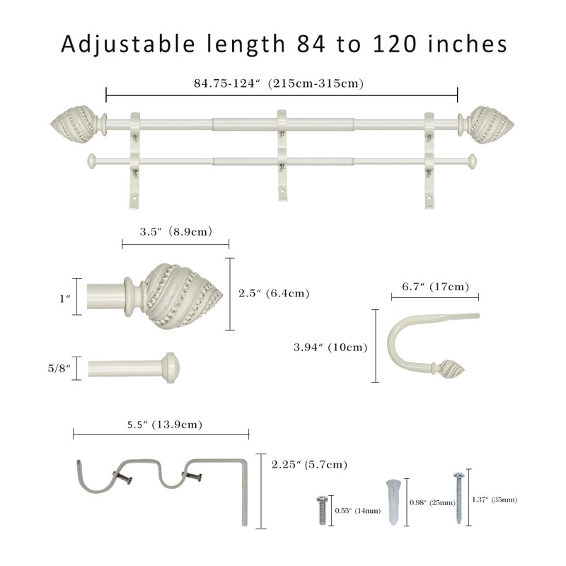 Tringle à rideaux double avec retenue Calynn de largeur totale x 1 pouce de diamètre, Blanc, 84" - 120"