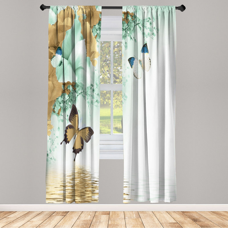 Microfiber Floral Semi-Sheer Rod Pocket Curtain Panels, 28" W x 63" L, Tan/Mint