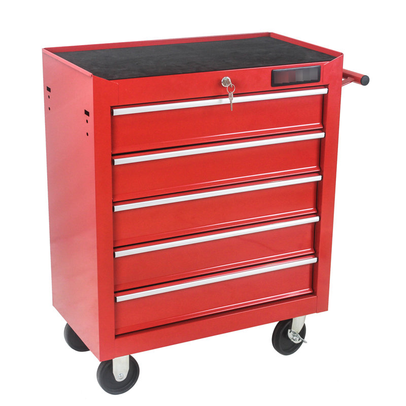 Rangement pour outils à 5 tiroirs avec système de verrouillage et roues mobiles, Rouge