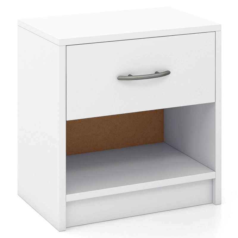 Modern Nightstand Bedside Table With Drawer Open Storage Shelf For Small Spaces, White