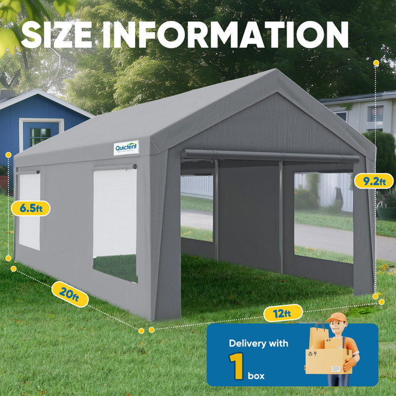 Quictent 12x20 ft Heavy Duty Carport Canopy Galvanized Car Tent Outdoor Shelter with Reinforced Structure with Roll-up Ventilated Windows Sidewall, Sliver Gray