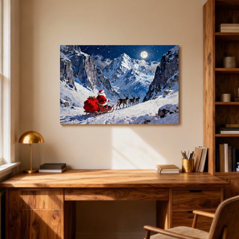 «Christmas Santa Claus Sleigh Reindeer Snowy Mountains Moon Night», reproduction de cadre photo sur toile, H 24 po x l 36 po