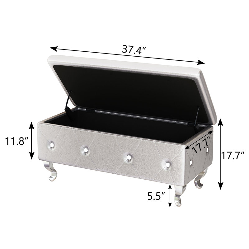 Repose-pieds de rangement rectangulaire en similicuir de 37,4 po Voxto, Similicuir argenté