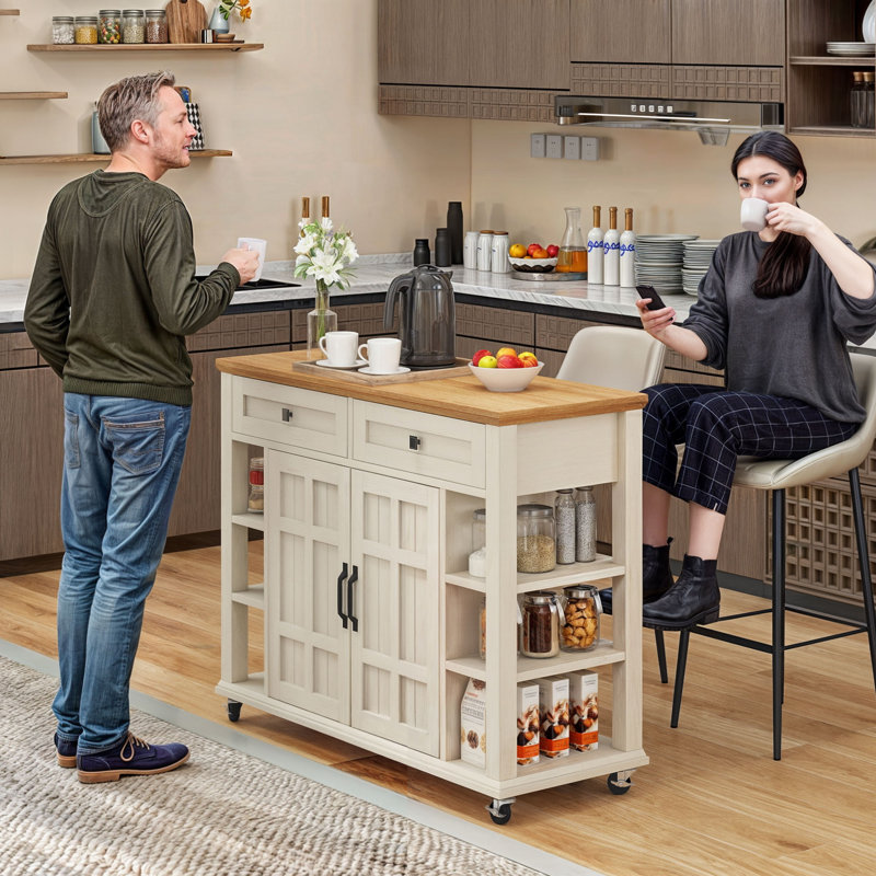Rolling Kitchen Cart Island with 2 Drawers, Vintage White