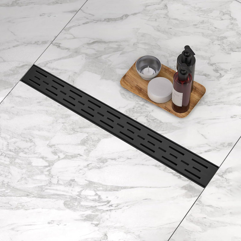 28 Inches Linear Shower Drain With Removable Bar Pattern Grate,Linear Drain With Hair Strainer And Leveling Feet,Stainless Steel,Matte Black