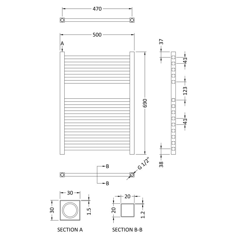 Eton Straight Towel Rail Heated Towel Rails, 69cm H x 50cm W x 3cm D, Chrome