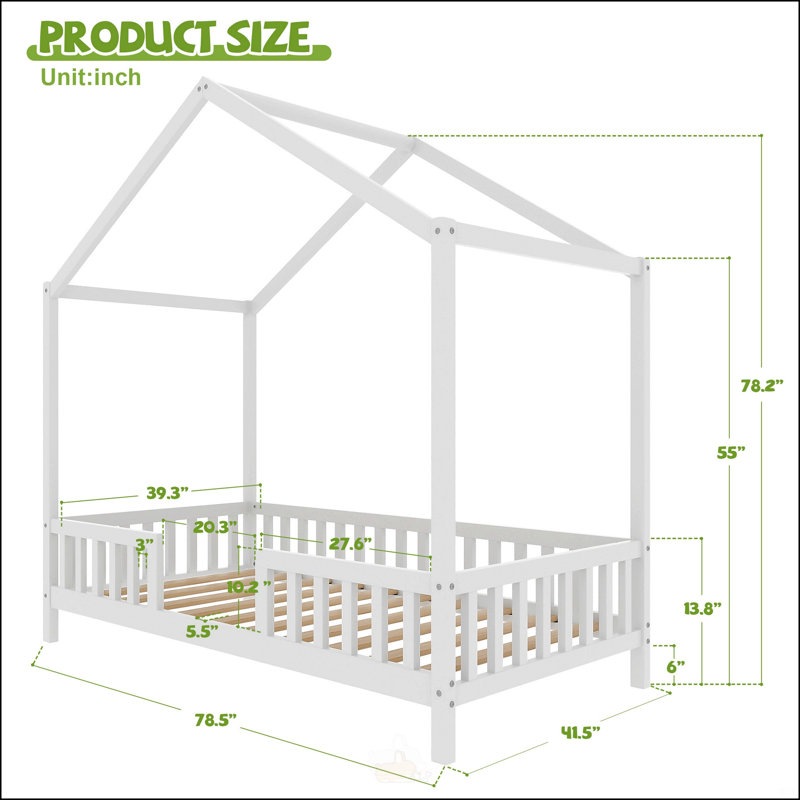 Lit de sol avec auvent Montessori, Lit simple, Blanc
