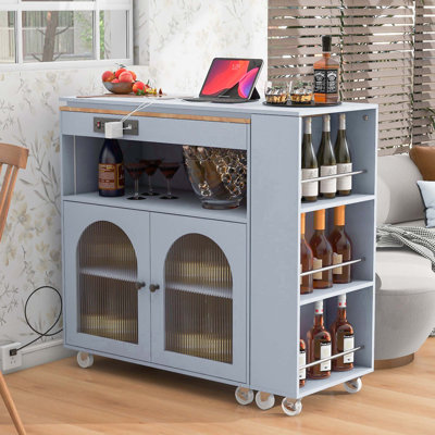 Rolling Kitchen Island With Extended Table, Kitchen island on Wheels with LED Lights,Power Outlets and 2 Fluted Glass Doors,Kitchen Island with a Storage Compartment and Side 3 Open Shelves