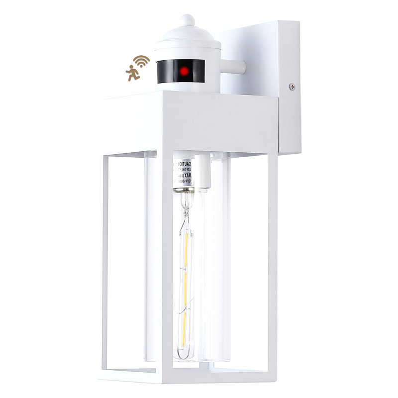 Motion Sensor Outdoor Wall Sconce, White Rectangular Metal Frame With Tempered Glass Shade, Waterproof Exterior Lantern For Garage Entryway Yard