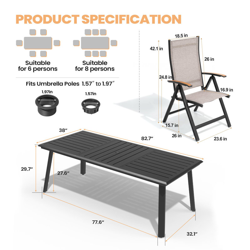 Ensemble repas pour 8 personnes en aluminium avec fauteuils inclinables et pliables, Brun / Noir, 8