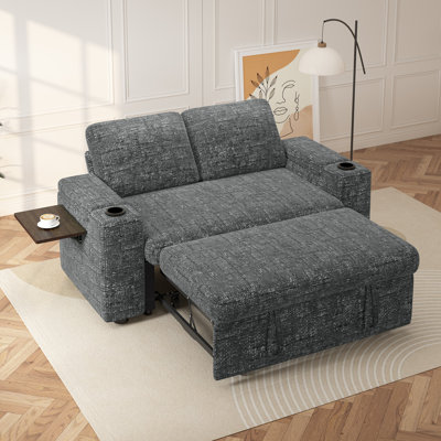 Canapé-lit convertible de 65 pouces avec canapé-lit, tissu, dossier réglable, accoudoirs de rangement cachés avec porte-gobelets, table d'appoint et port de charge