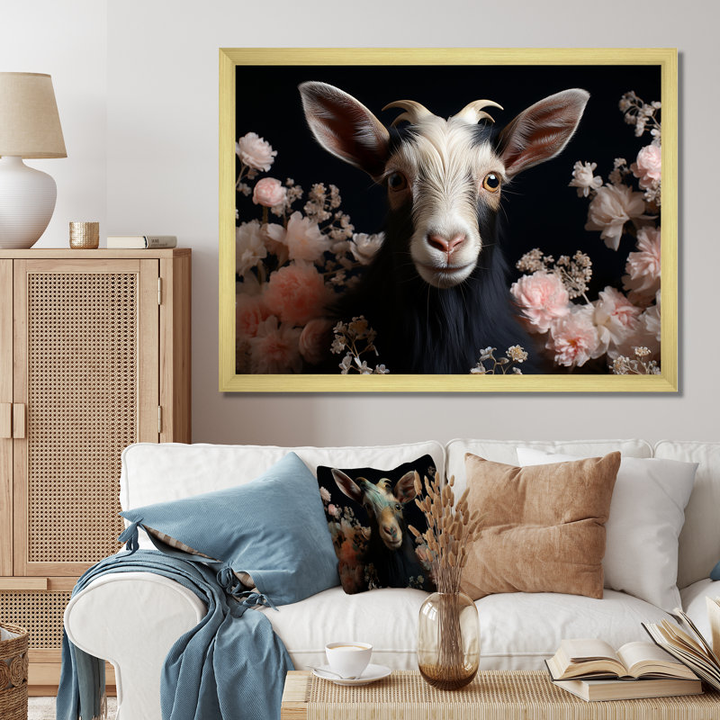 Portrait de chèvre blanc et rose - art mural animal de chèvre, Cadre d'angle fermé doré, H 30 po x l 40 po x P 1,5 po