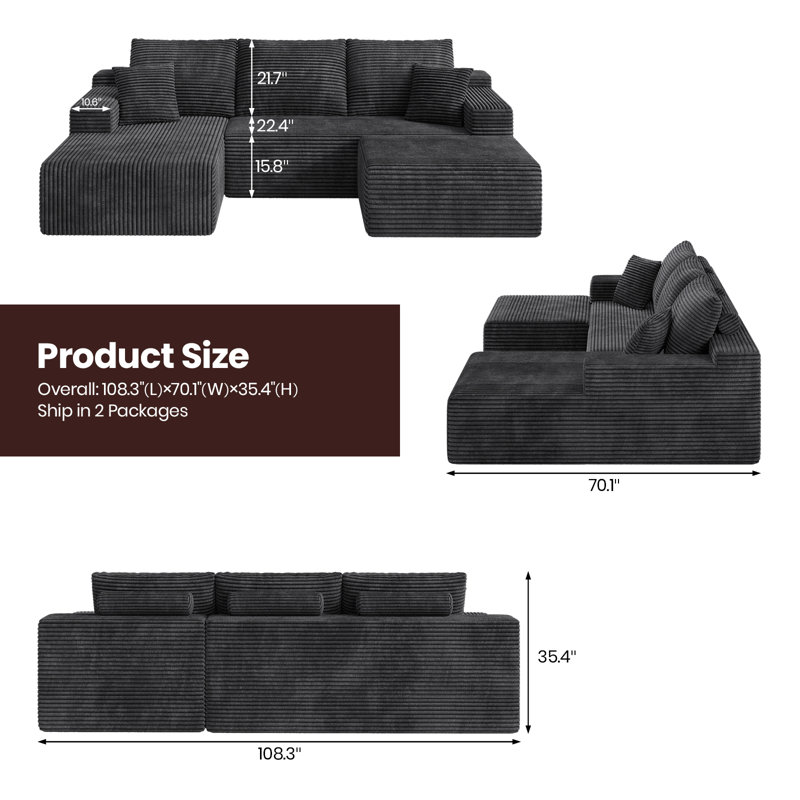 Boneless 108" Modular Sectional Couch with Ottoman, Boneless U-Shaped Sofa for Living Room, Apartment, No Assembly Required