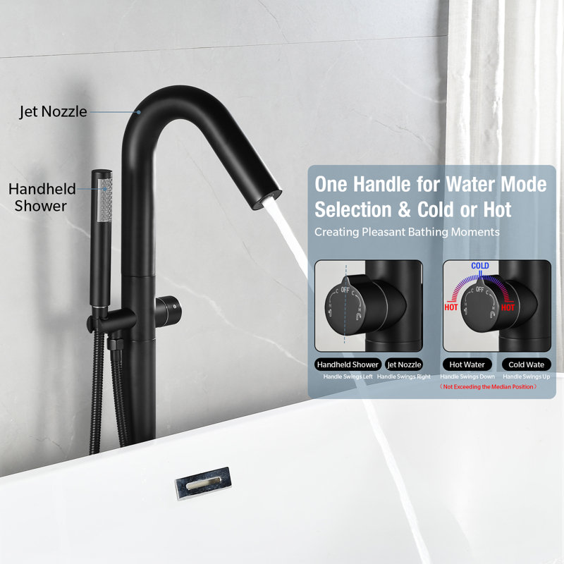 Free Standing Tub Faucet  Floor Mount Tub Filler Bathroom Faucet Single Handle with Hand Shower, Matte Black
