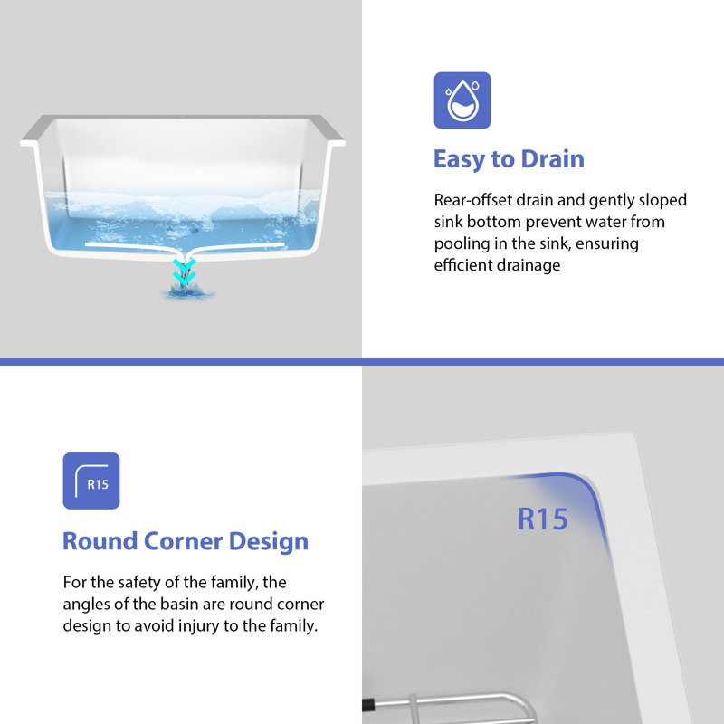 24"Lx18"W Quartz Laundry Sink Deep Single Bowl Granite Composite Utility Sink For Washing Room., White