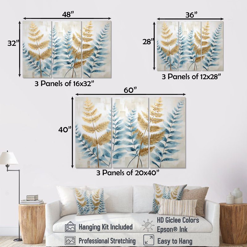 Ensemble de décorations murales Blue and Golden Ferns Symphony III - Ferns, Toile tendue, H 32 po x l 48 po x P 1 po