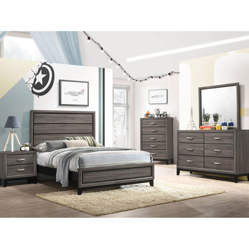 5 chambres doubles avec finition en chêne gris, design transitionnel, trois placages en papier d'ingénierie et rainures noires, quincaillerie en nickel, tiroirs à fermeture en douceur, fabrication de tiroir anglais, construction de rainures
