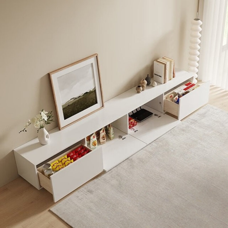 Meuble télé blanc minimaliste, H 14,96 po x L 86,61 po x l 15,75 po