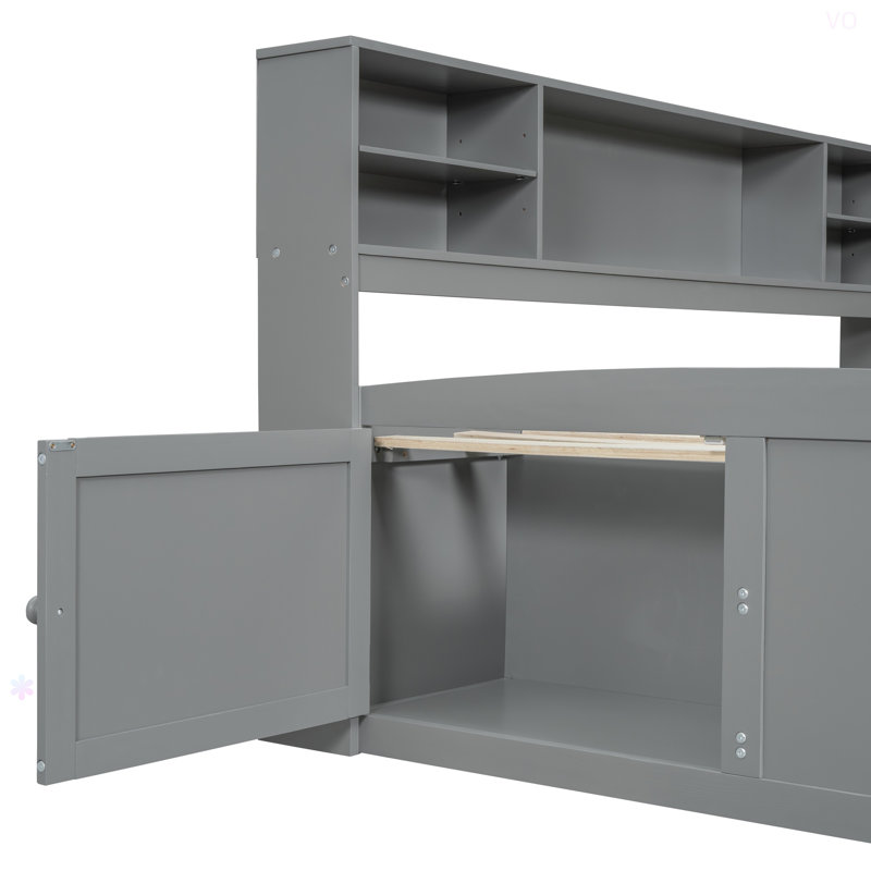 Full Size Wood Daybed With 2 Bedside Cabinets, Upper Shelves And 4 Drawers, Gray